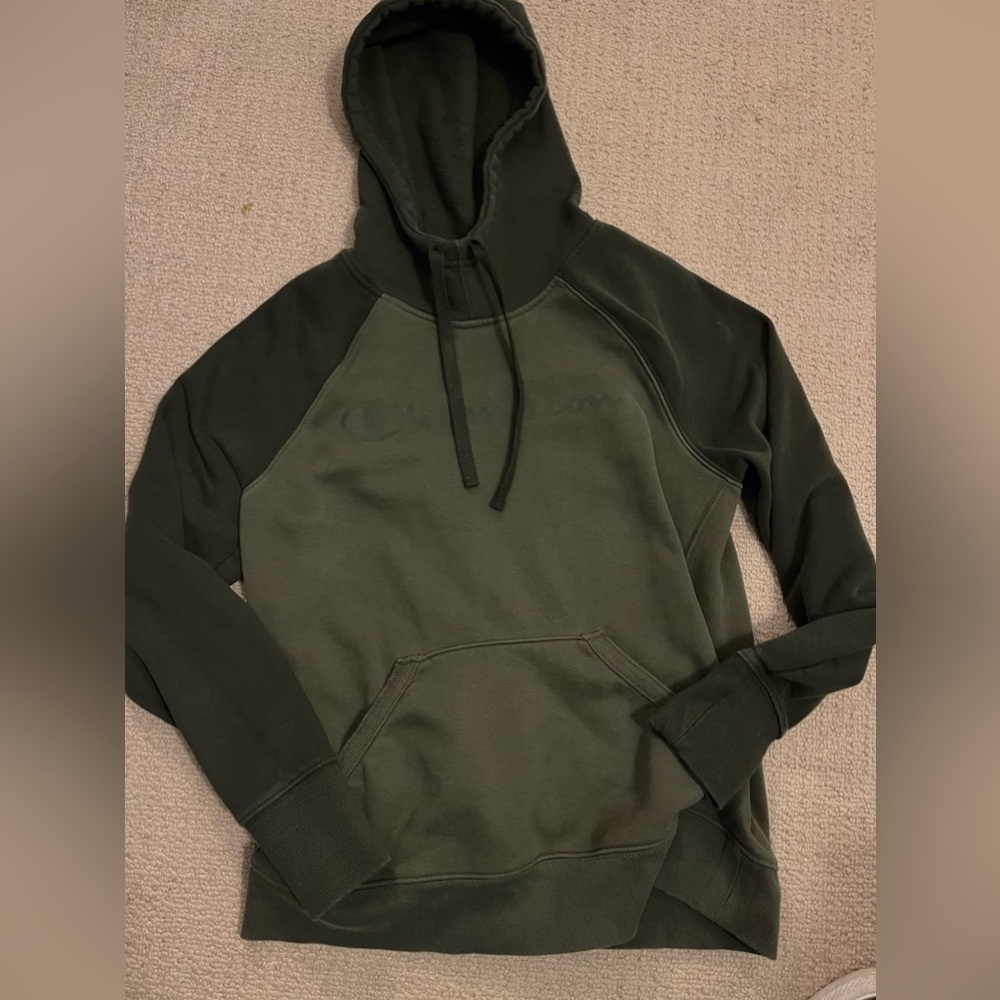 Green Champion colorblock hoodie. Size medium.